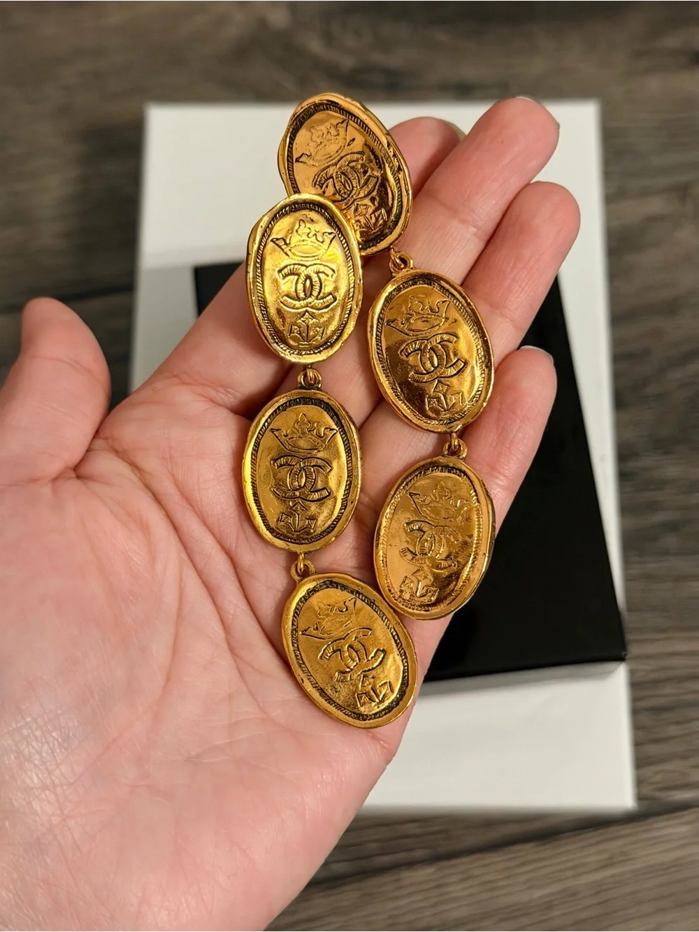 CHANEL Vintage Gold CC Crown Oval Drop Clip On Earrings